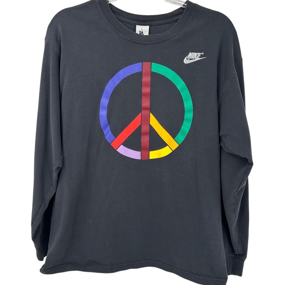 Nike Peace Sign Rainbow Long Sleeve T-Shirt Black Oversized Festival Large - Picture 2 of 7